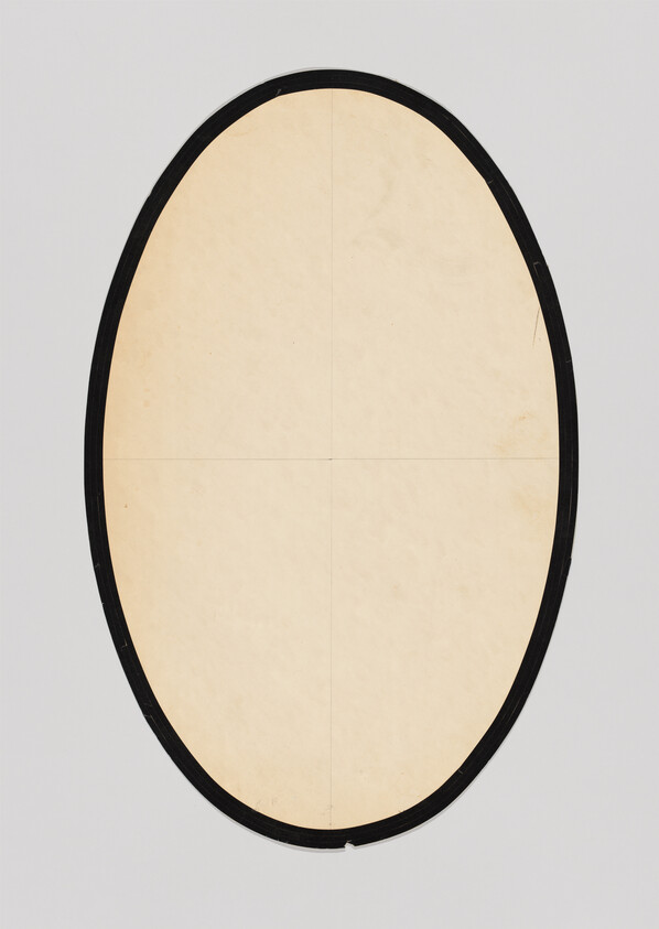 An empty oval beige paper with a black border and faint fold lines on a gray background.