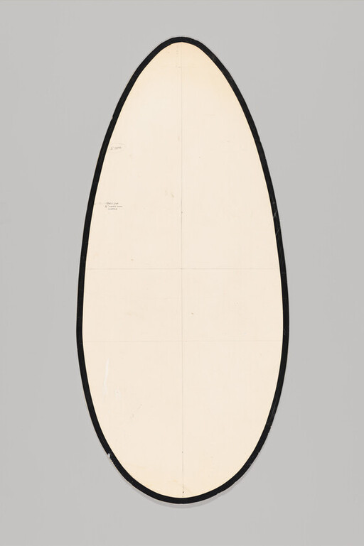 Tall oval mirror with a cream center and thin black frame mounted on a gray wall.