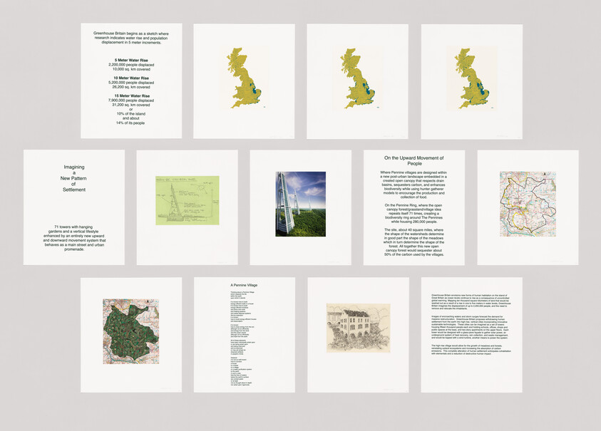Twelve printed pages showing maps, diagrams, and text about Britain’s settlement and water rise scenarios.