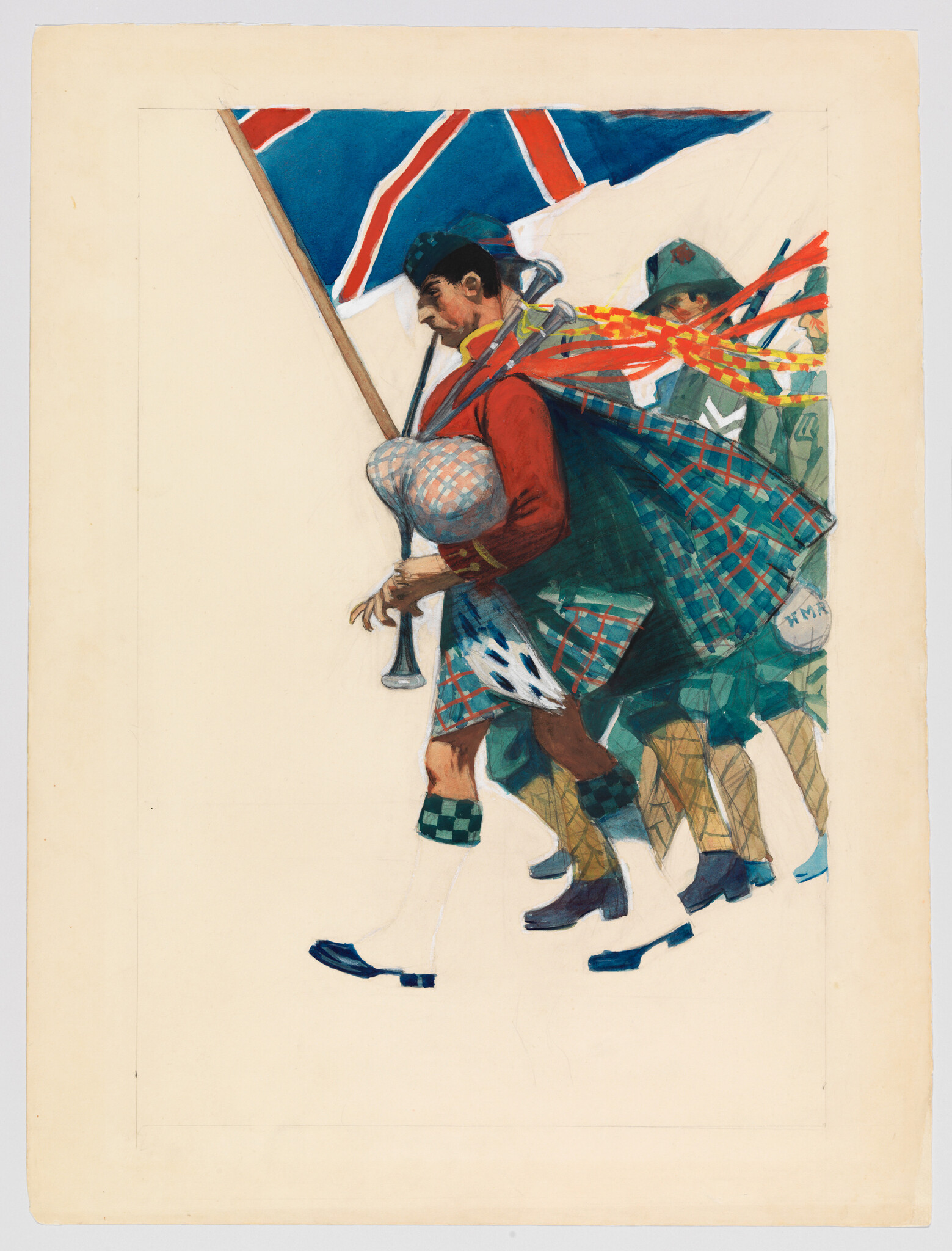 A Scottish soldier marches forward carrying a flag and bagpipes with other soldiers behind him.