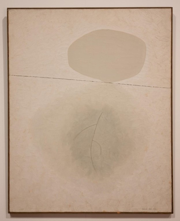 Abstract painting with a large, irregular gray shape above a thin horizontal line, and faint curved lines below on a textured beige background.