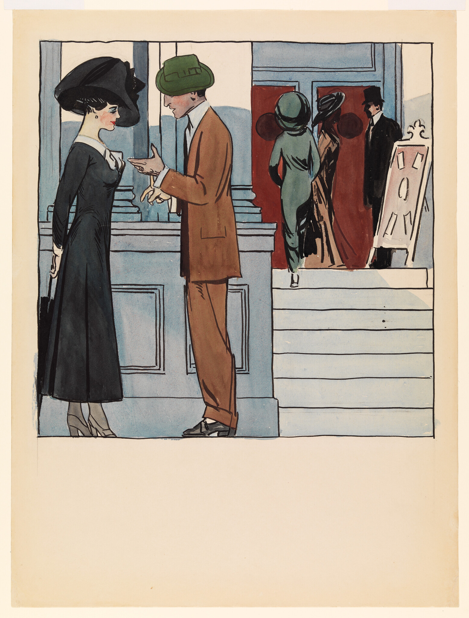 A well-dressed man gestures while talking to a woman in a long black dress outside a theater.