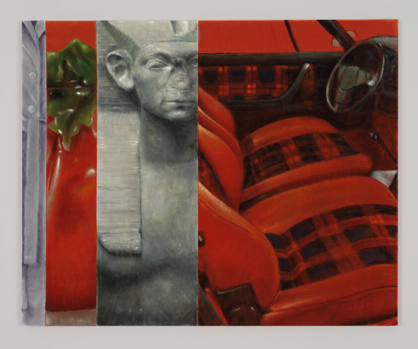 A collage featuring a tomato, an Egyptian statue, and a car interior with red plaid seats.