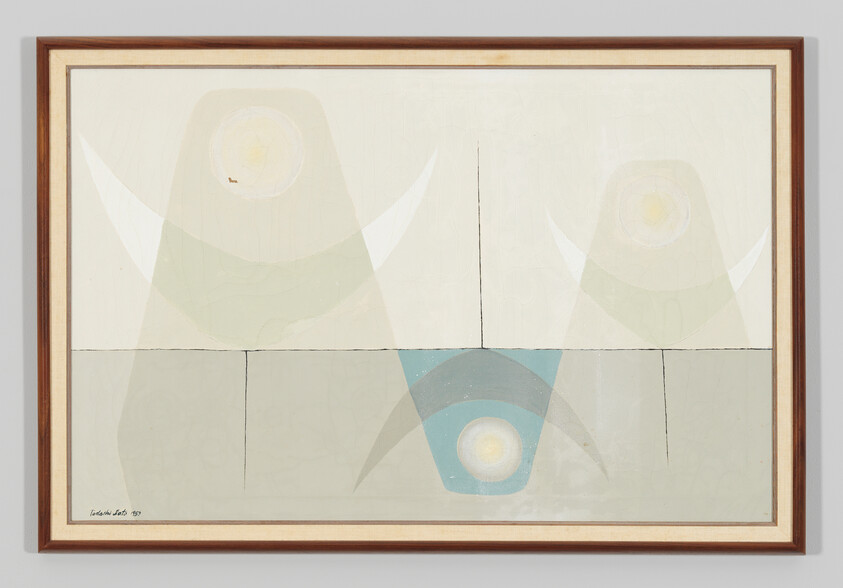 Abstract painting showing three pale cone shapes with circular sun-like centers above a horizontal division.