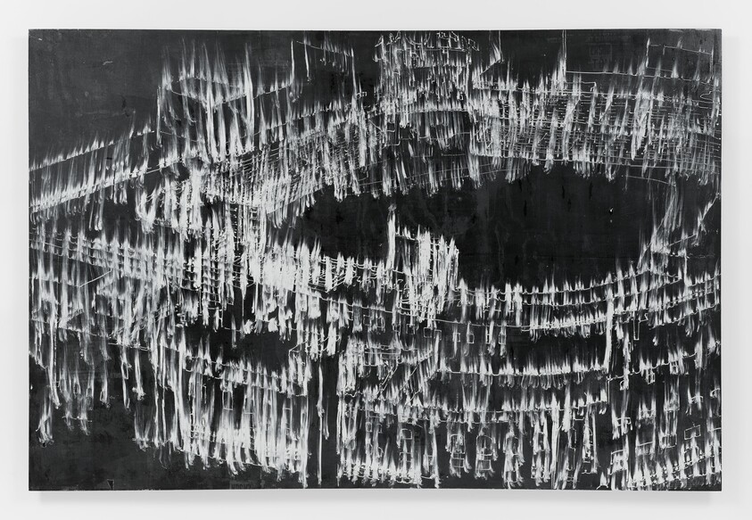 Black and white abstract painting with vertical and horizontal streaks, creating a layered, smoky effect across the canvas.