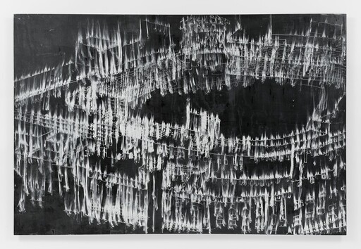 Large black canvas with white scraped vertical streaks forming cascading rhythmic patterns.