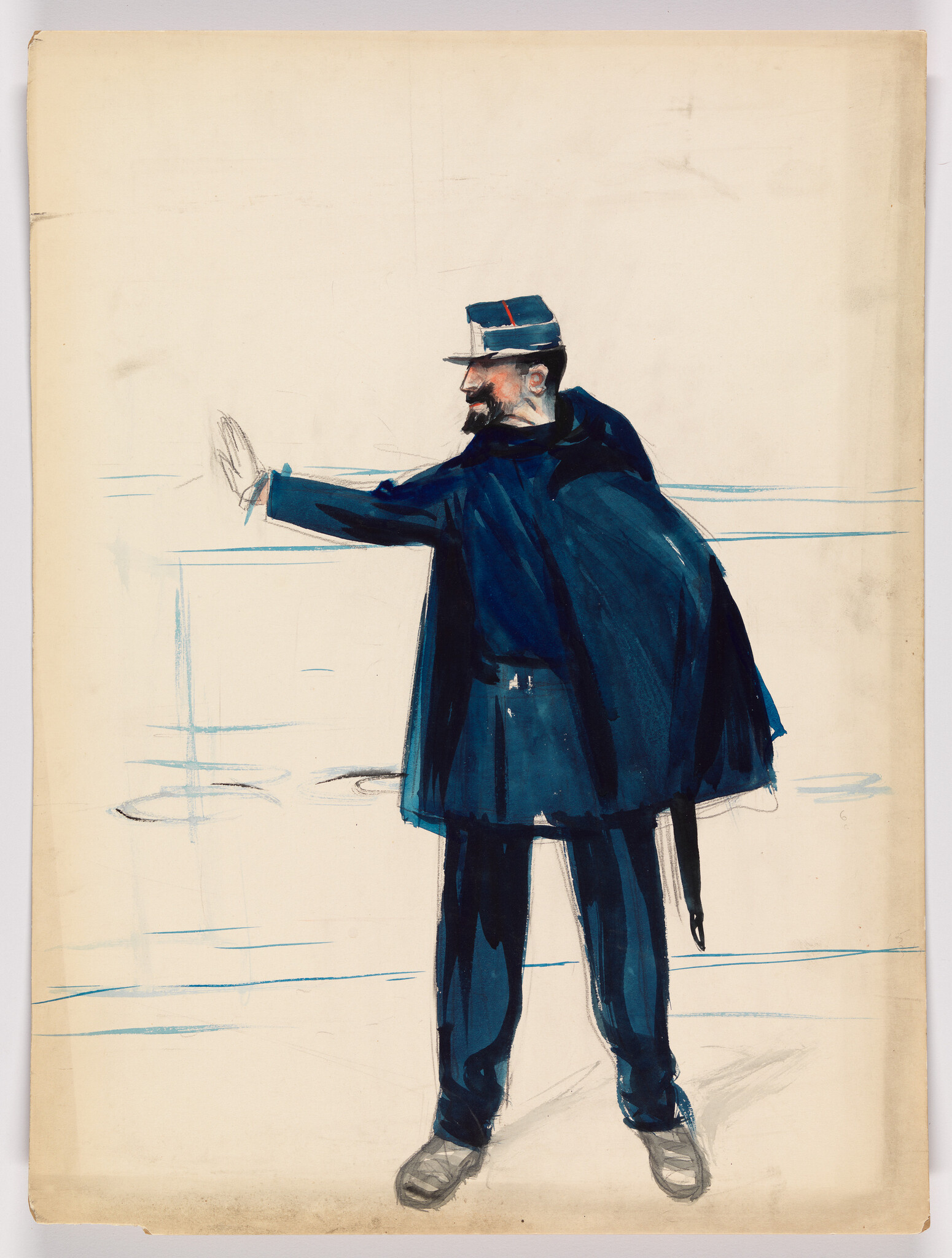 A uniformed man in a dark coat and cap raises his hand as if signaling stop.
