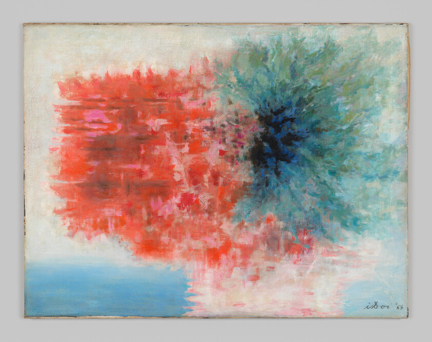 Abstract painting showing red and teal bursts merging around a dark center with soft reflection.