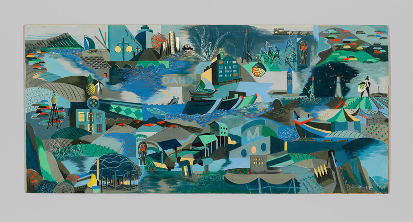 Colorful mural depicting a coastal town with boats, docks, buildings, and seaside scenes.