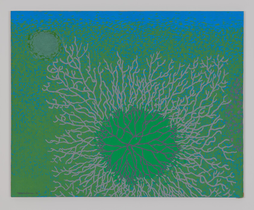 Green circular form with white branching lines radiates across blue-green background under a pale round moon.