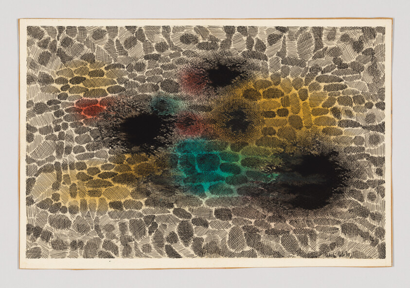 Abstract artwork with black, yellow, red, and teal blotches over a background of repeating black shapes.