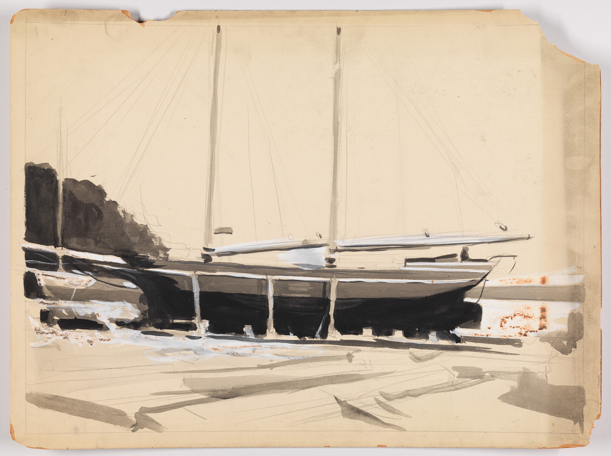 Two-masted sailboat with dark hull resting on a sandy shore near trees.