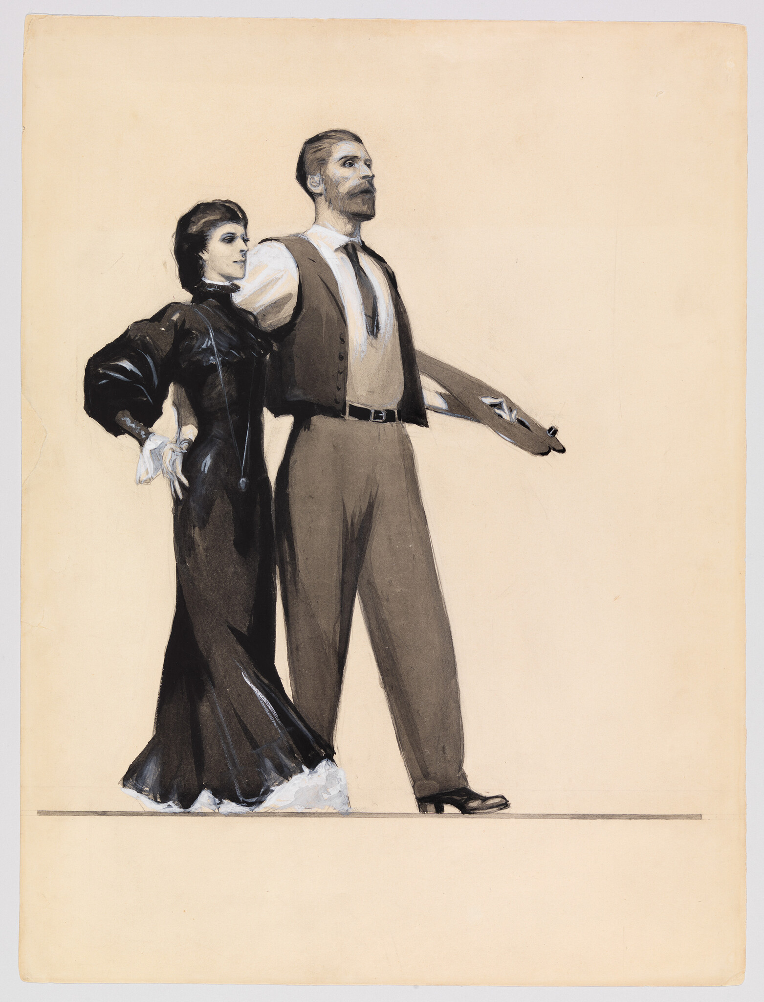 A well-dressed Victorian couple walks confidently with arms linked, the man stepping forward.