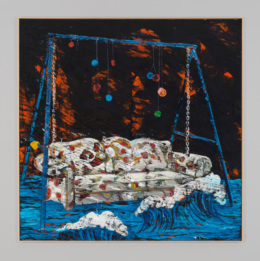 A floral couch hangs from a blue swing set above blue waves, with colorful balls dangling overhead.