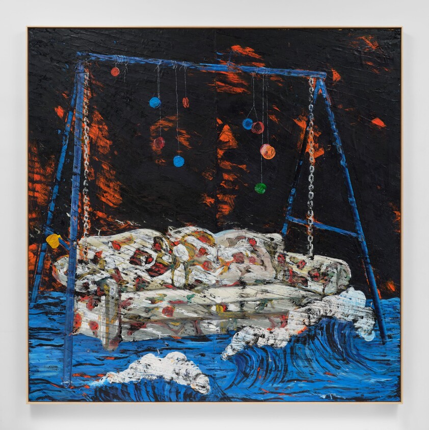 A floral couch hangs from a blue swing frame above blue waves, with colorful balls dangling overhead.