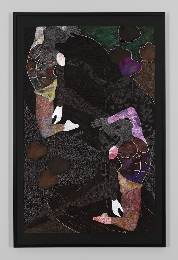 Two reclining abstract figures with braided hair intertwine their white hands against a dark textured background.