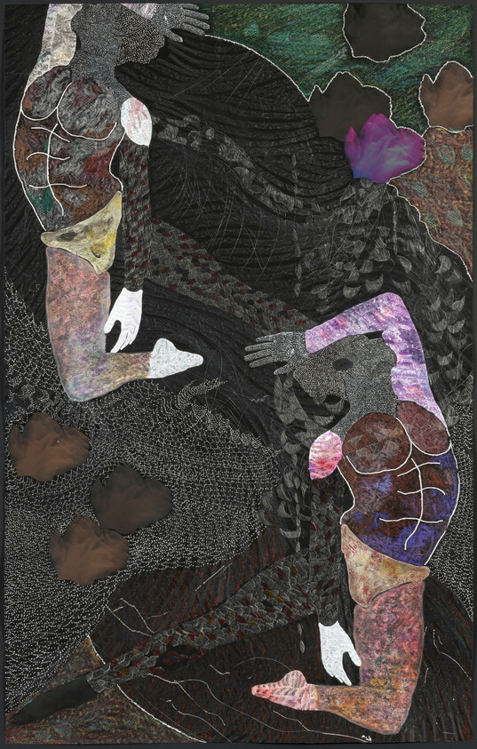 Two abstract figures with textured bodies reach toward each other amid dark, flowing patterns.