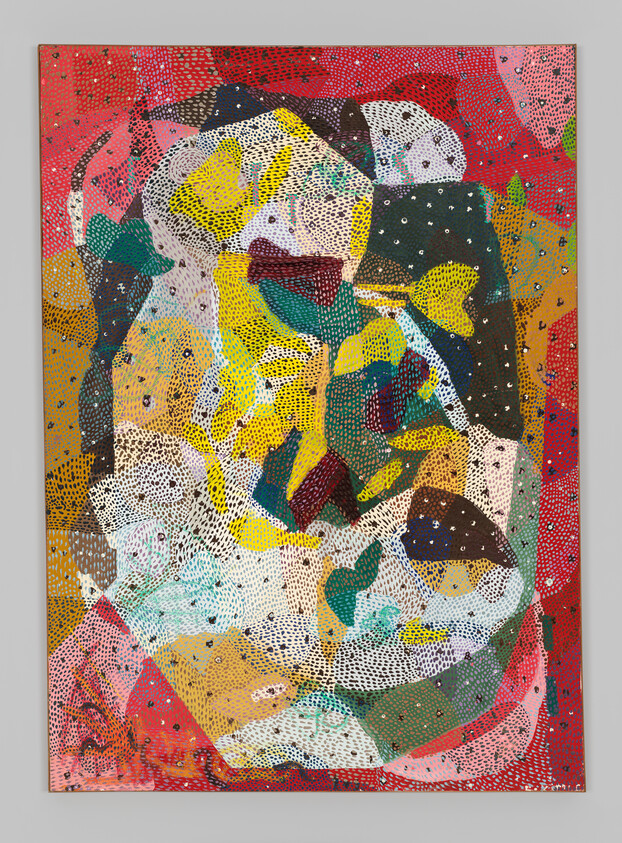 Abstract painting with layered colorful organic shapes and white dotted patterns on a red background.