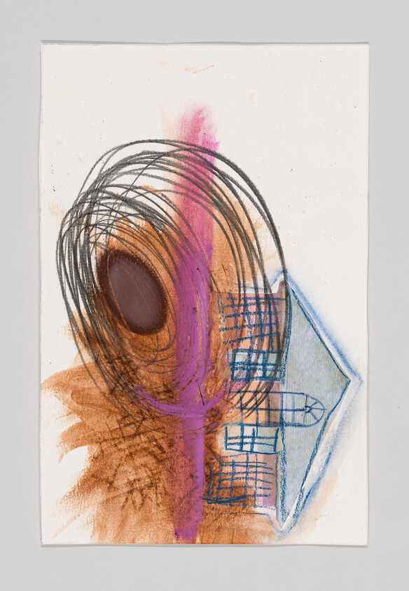 Abstract drawing with swirling black lines, a brown oval, purple and brown smudges, and blue geometric shapes.