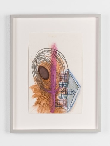 Abstract artwork with swirling lines, a central dark oval, and geometric shapes in orange, purple, and blue tones, framed in white.