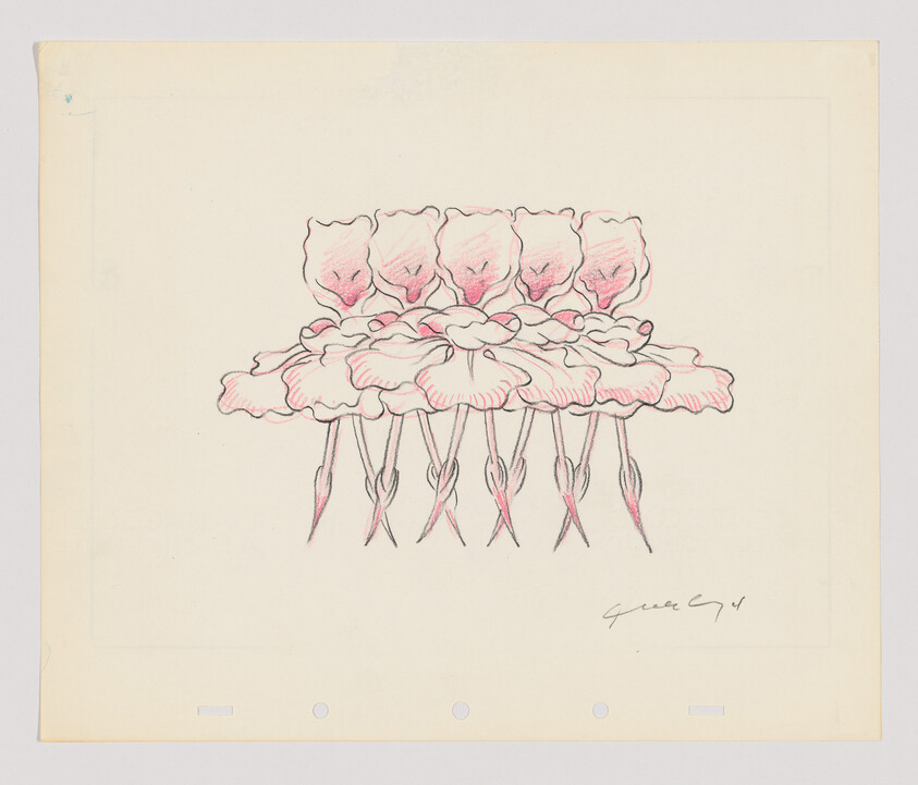 Six stylized flowers with pink petals and stems are arranged in a neat row, resembling dancers in formation.