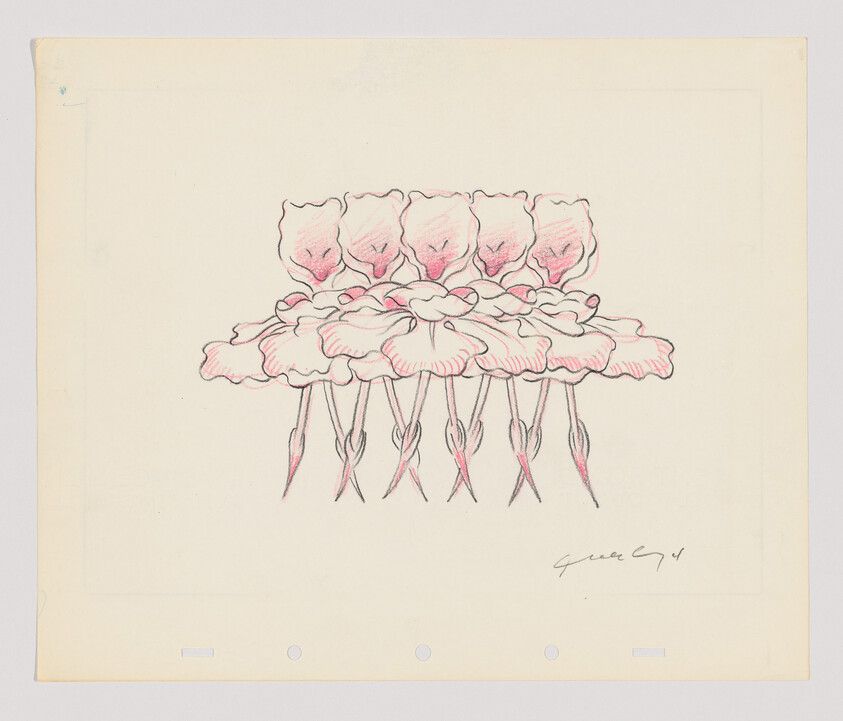 Delicate pencil and pink sketch of five connected flowers with overlapping petals and dangling stems.