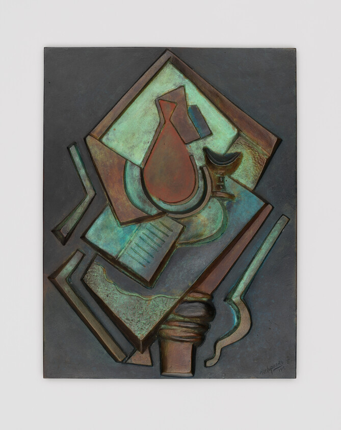 Abstract metal relief artwork with overlapping geometric shapes, including a red vase and a cup in the center.