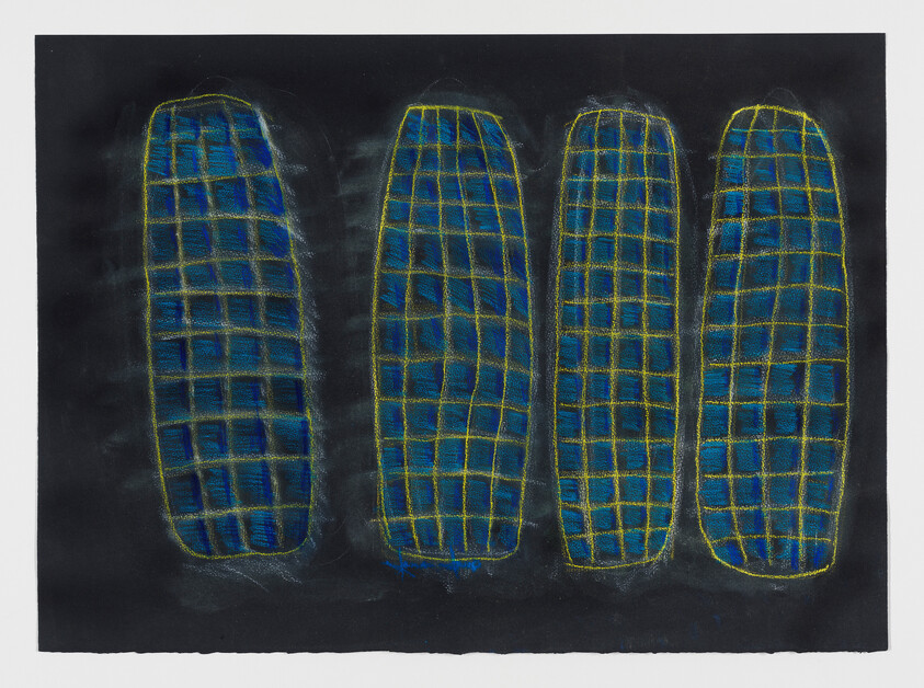 Four tall blue grid-patterned vertical shapes with yellow outlines on a dark background.