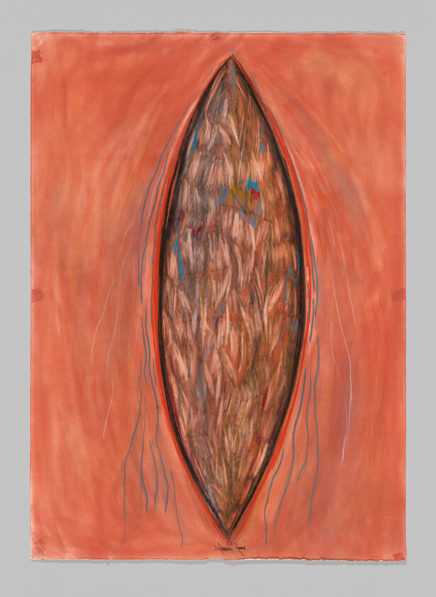 A large, leaf-shaped form with textured brown and orange colors sits in the center of an orange background.