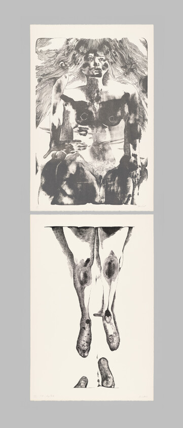 Black and white drawing of a nude person with long hair, shown from the front in two connected panels.