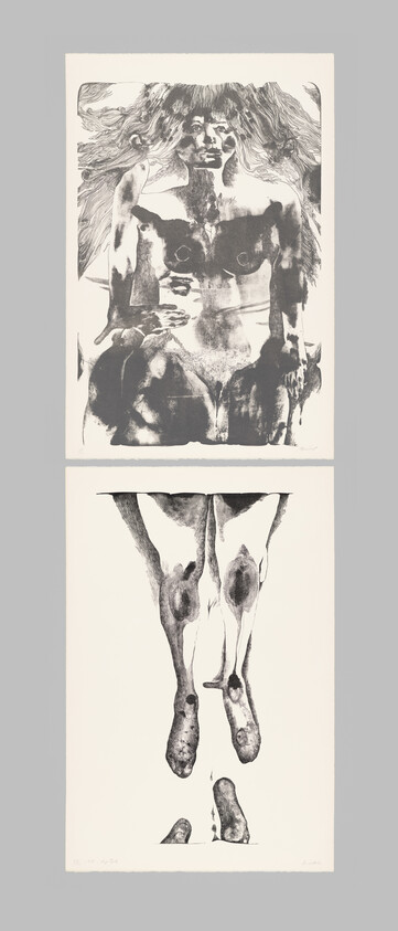 Two black-and-white prints show a distorted female torso and an upside-down pair of legs.
