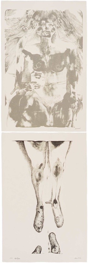 Two abstract sketches: the top depicts a seated figure with flowing hair, the bottom shows elongated legs and feet.