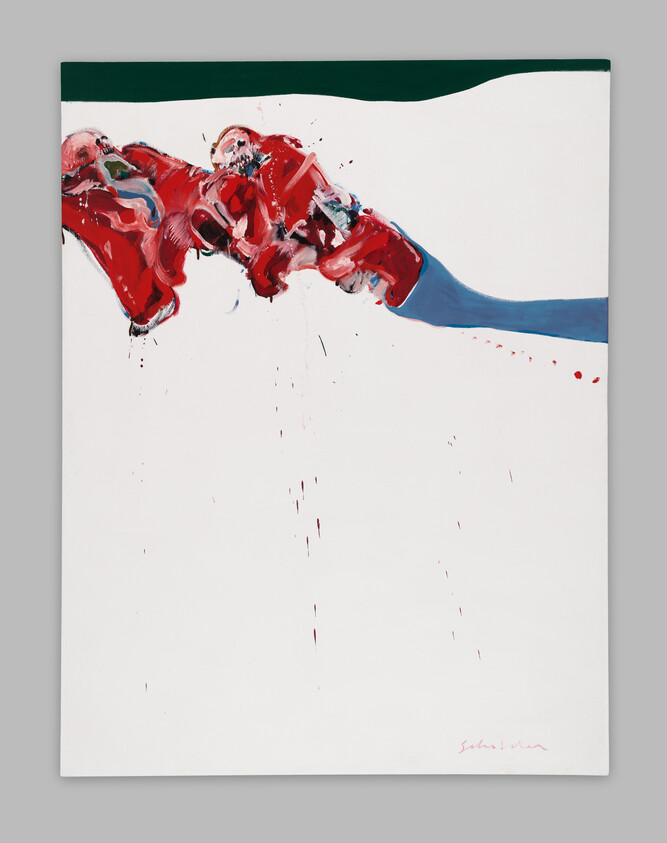 Two abstract figures in red appear to be colliding or interacting on a mostly white background with blue and green.