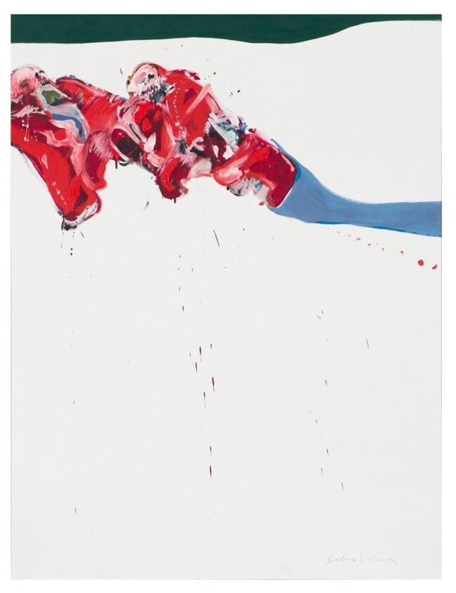 Abstract painting with bold red and blue brushstrokes on a white background.