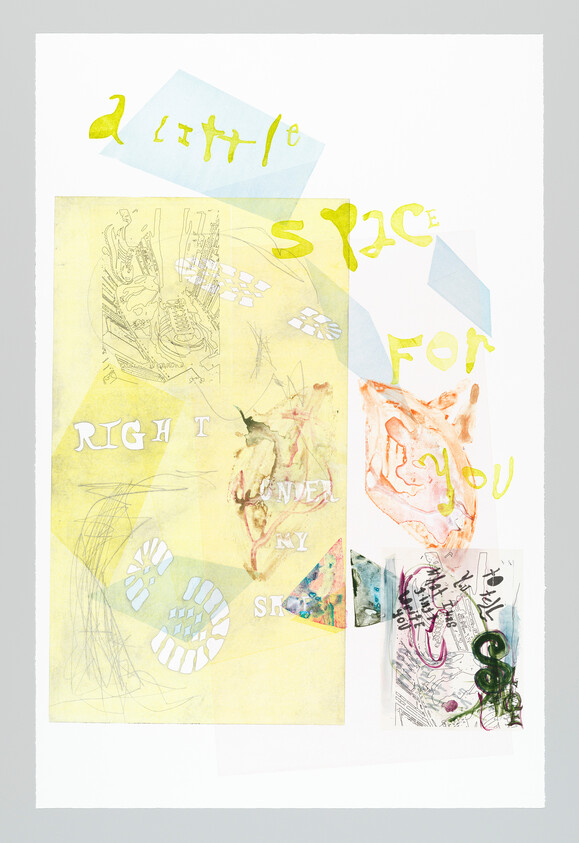 Collage artwork with yellow panels, abstract sketches, and the handwritten phrase 'a little space for you'.
