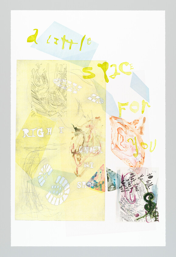 Collage with pale yellow sketches, abstract shapes, and handwritten yellow text reading "a little space for you."