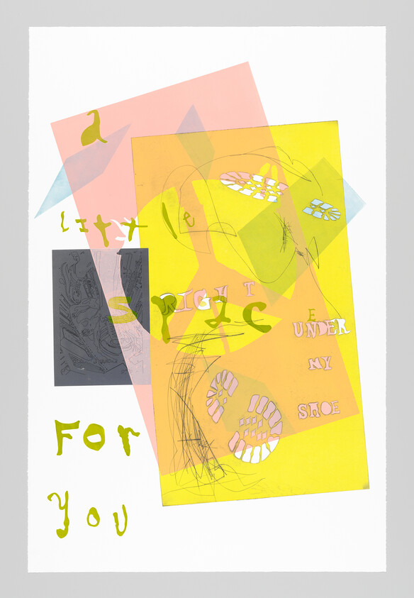 Overlapping translucent yellow and pink rectangles with sketched shoe prints and handwritten text "For you".