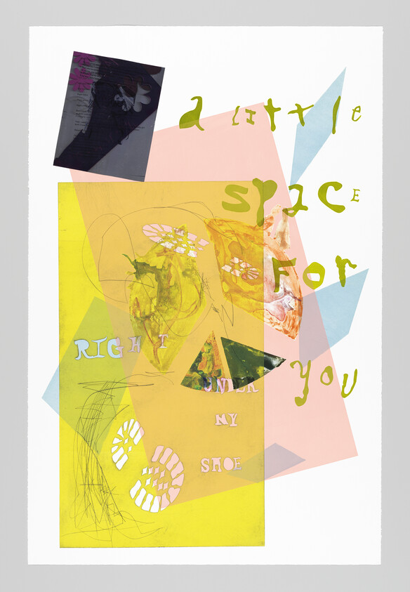 Colorful collage of overlapping shapes and drawings with green handwritten text reading "a little space for you."