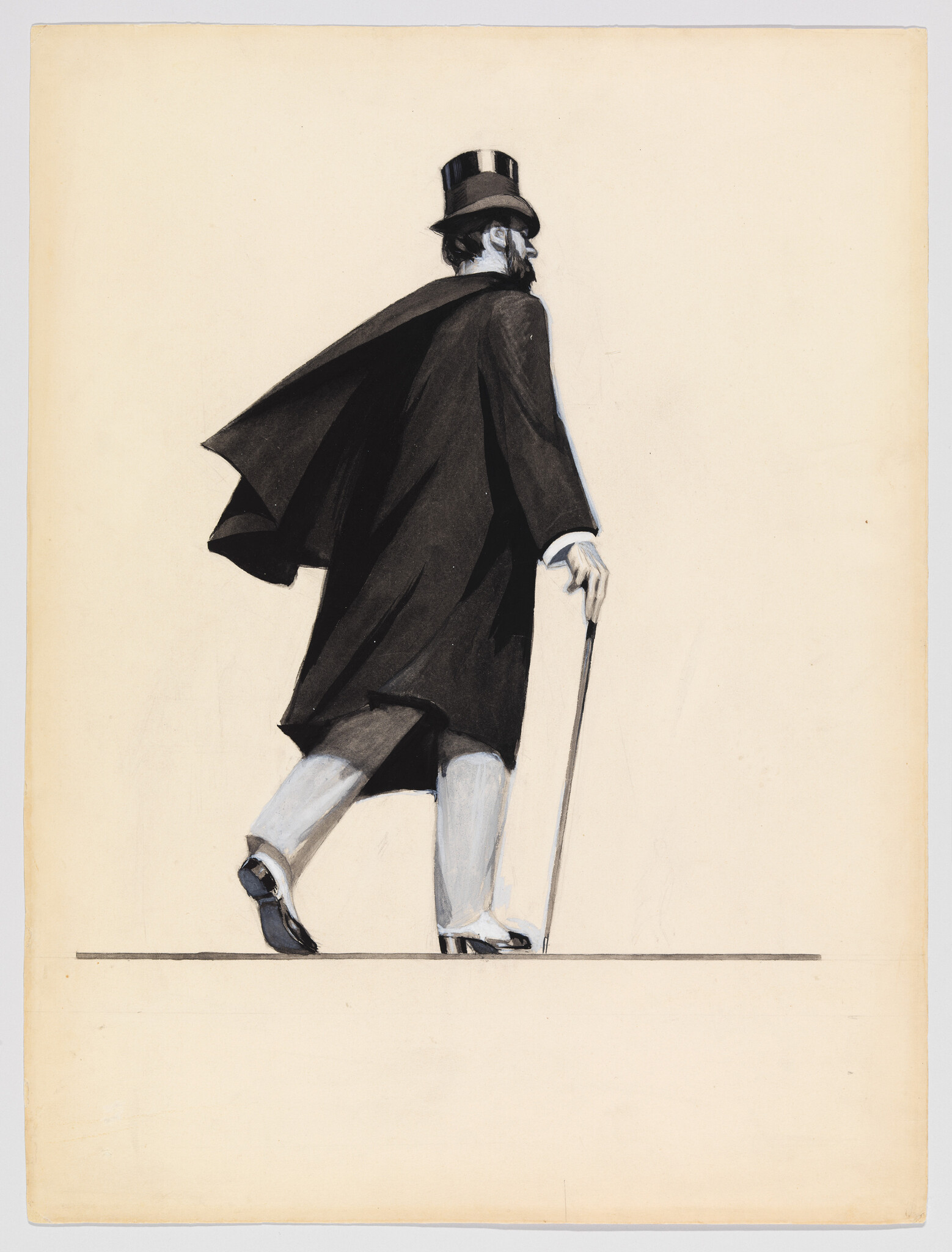 A man in a top hat and long coat walks with a cane, viewed from behind.