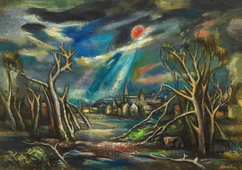 Bare trees frame a small village as dramatic sunlight breaks through dark, stormy clouds over the town.