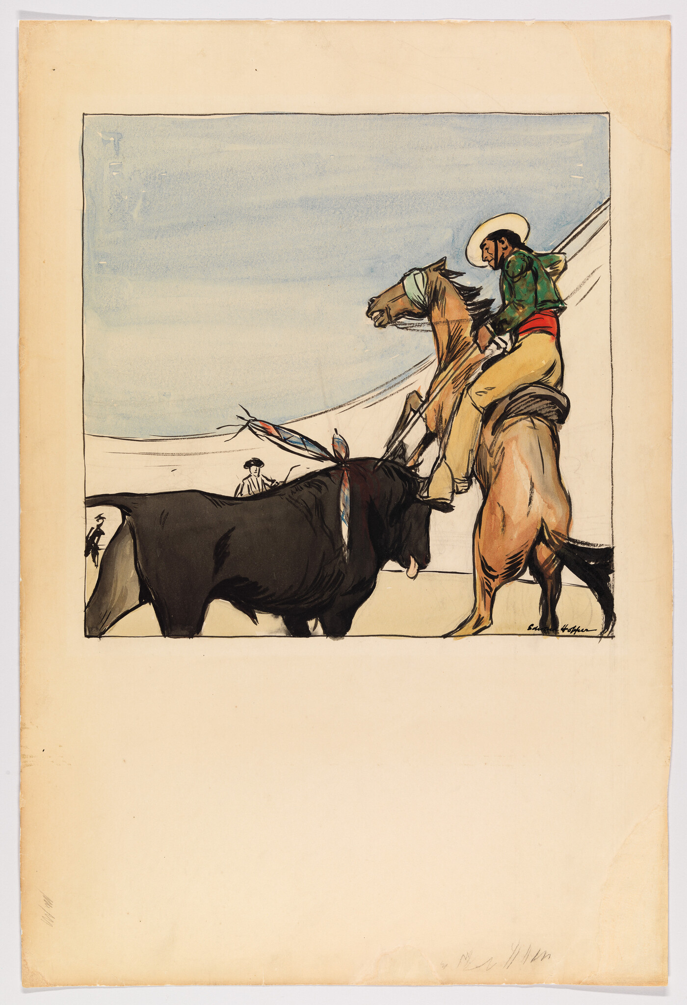 A mounted bullfighter leans forward on a rearing horse to face a charging bull in the ring.