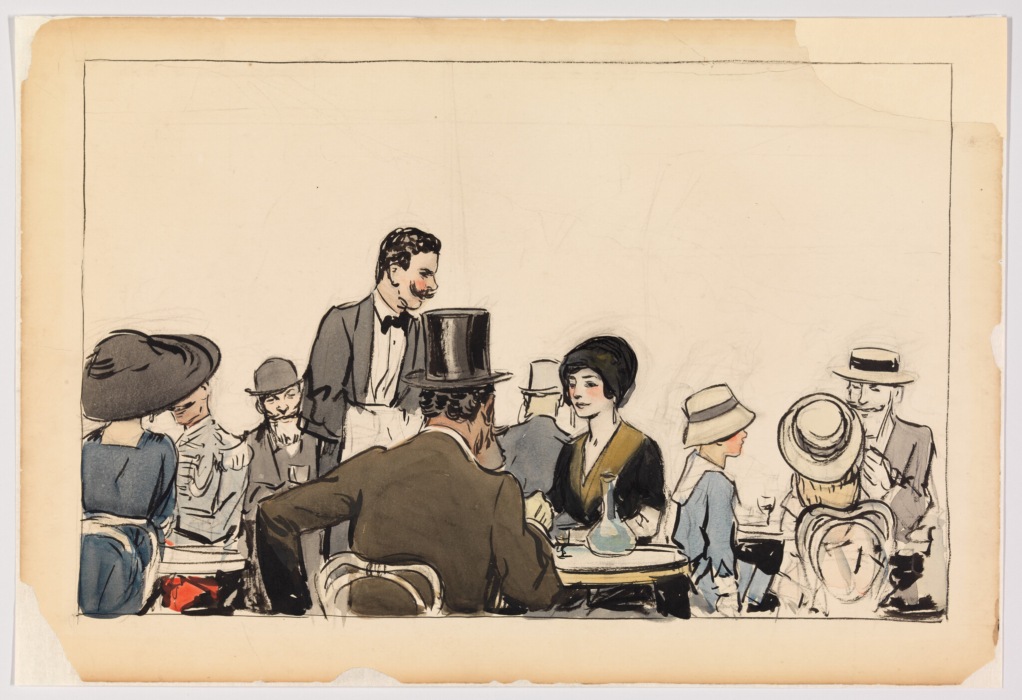 A waiter serves drinks to well-dressed patrons sitting and chatting at a busy café table.