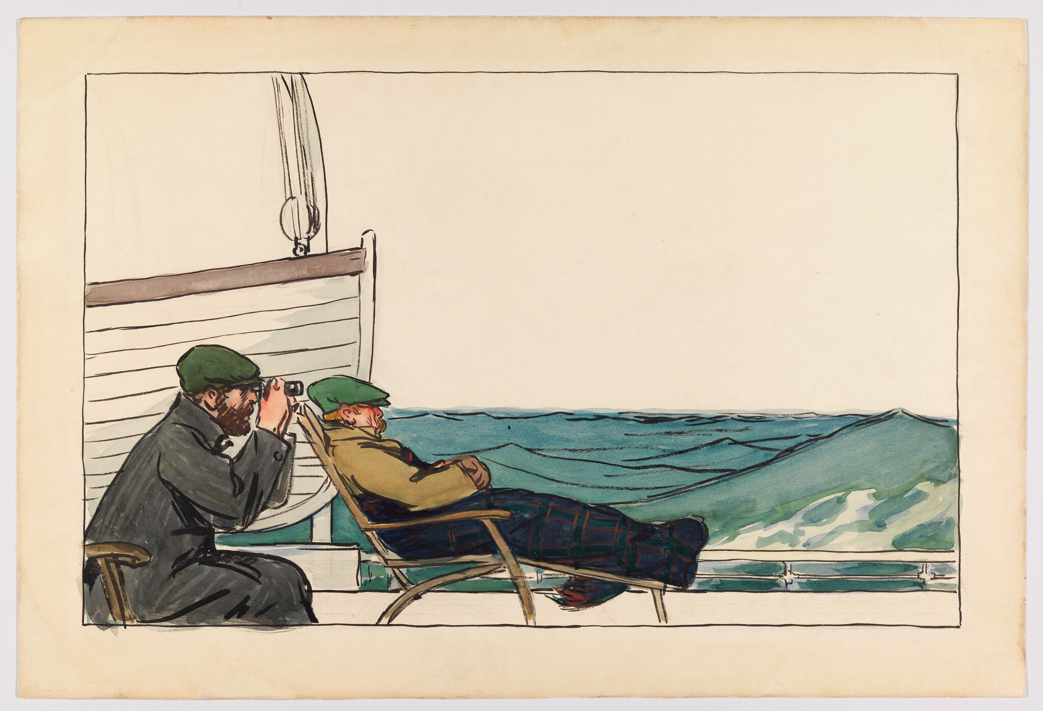Two men on a ship's deck, one peering through binoculars while the other relaxes facing the sea.