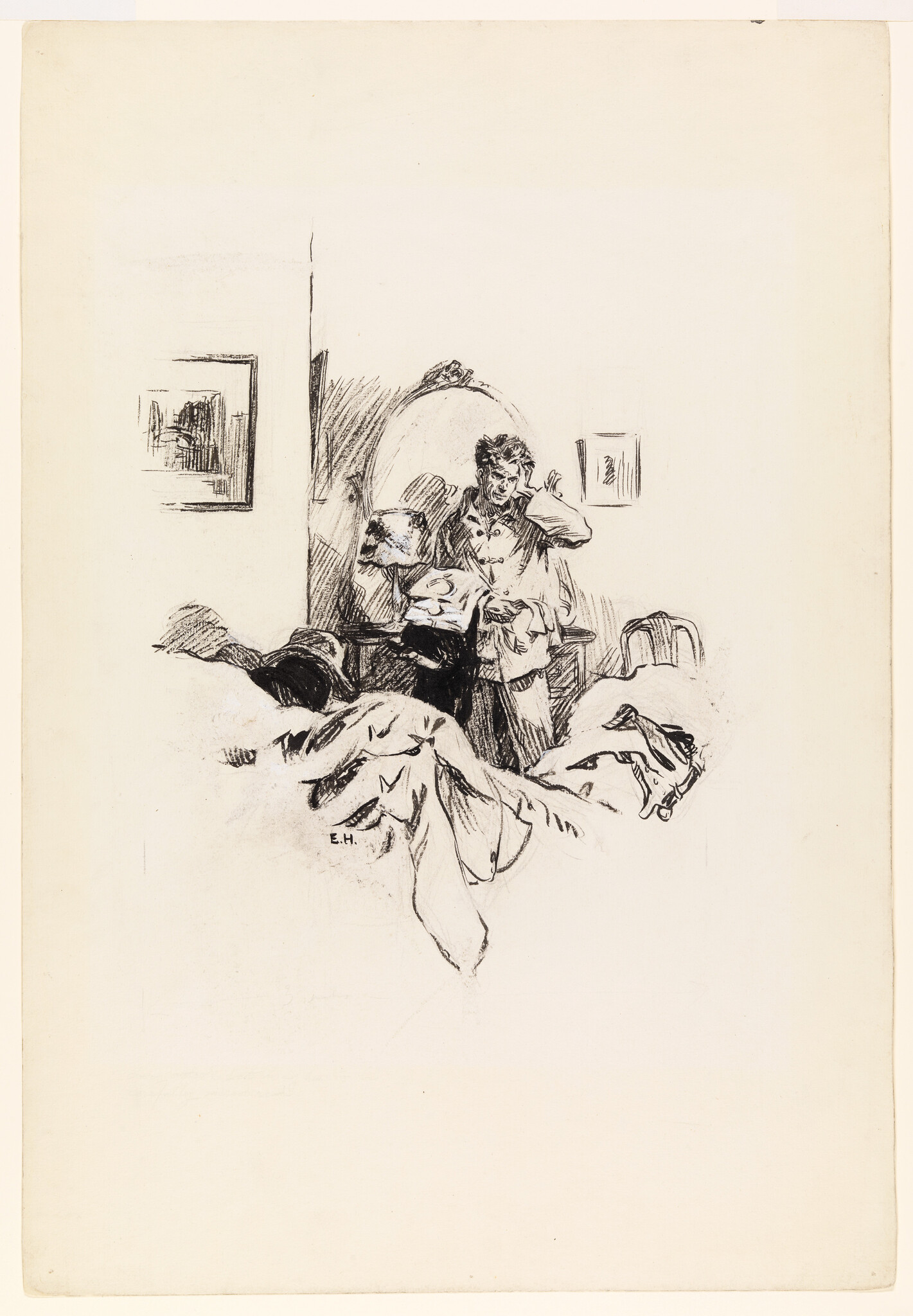 A vintage black and white sketch depicts a woman standing in front of a mirror, with various items scattered on a table beside her. The woman appears to be in a state of undress, with her hair up and a look of contemplation on her face. The room is sparsely decorated with a couple of framed pictures on the wall. The artist's initials "E.H." are visible in the bottom left corner of the sketch.
