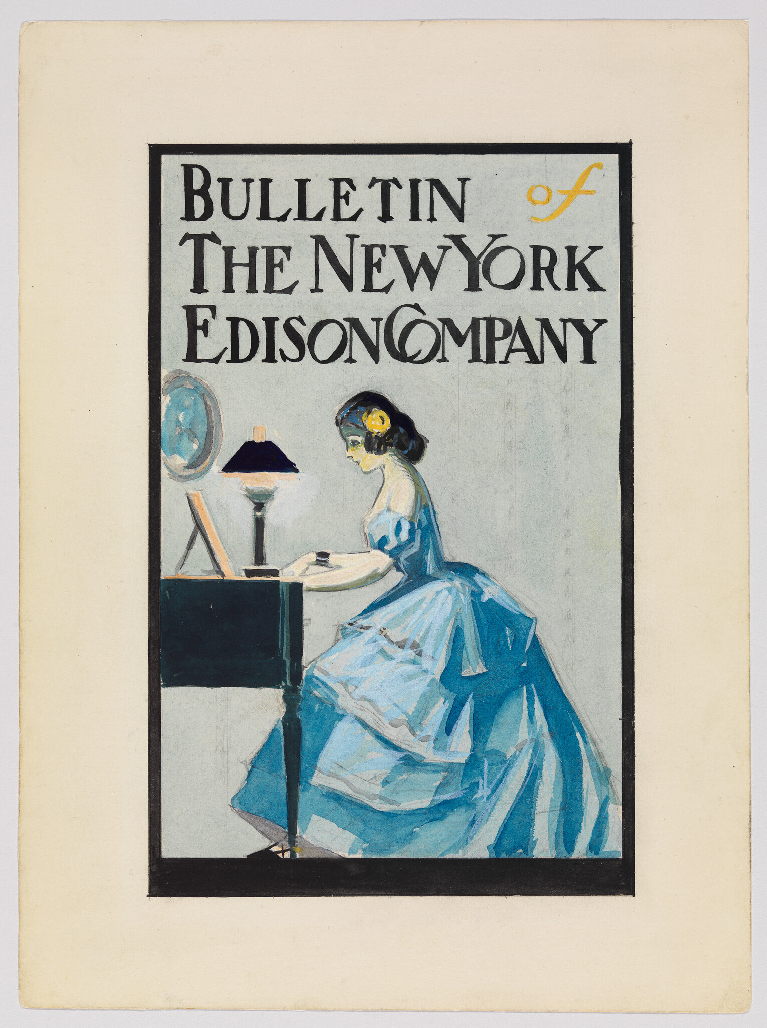 Woman in a blue dress sits at a desk by a lamp on the New York Edison Company bulletin.
