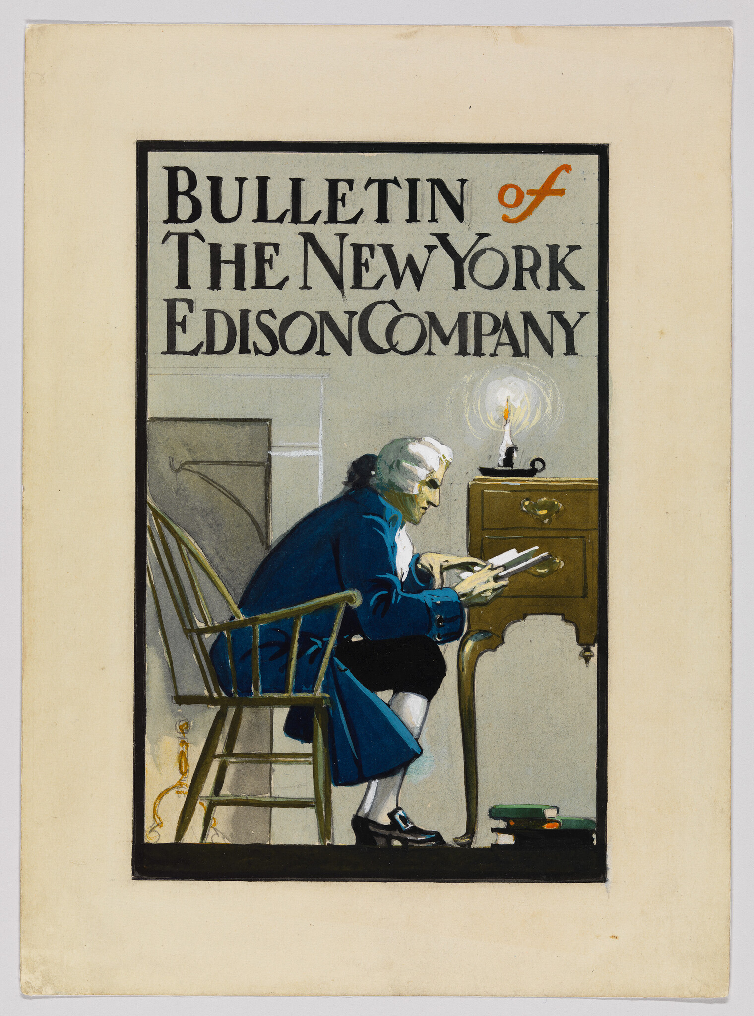 An older man in historical clothing reads by an electric lamp under the bulletin of the New York Edison Company.