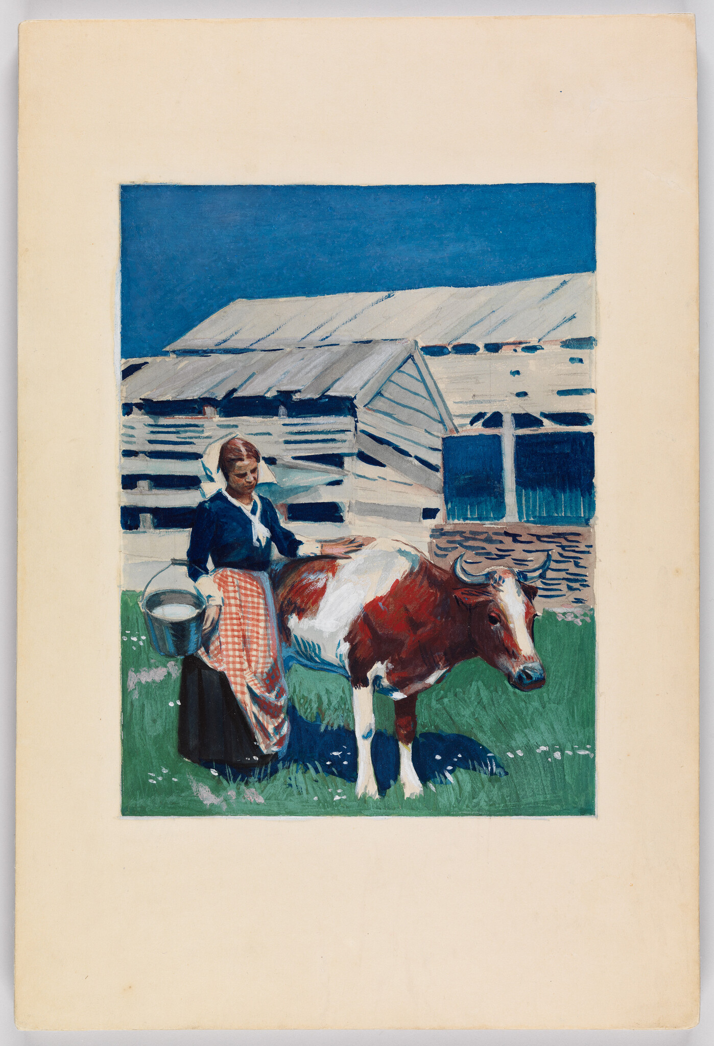 A woman in a headscarf stands beside a brown-and-white cow holding a milk bucket.