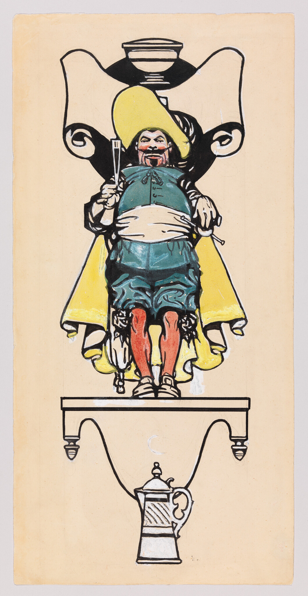 A plump man in a yellow hat sits on a throne holding a glass above a hanging teapot.