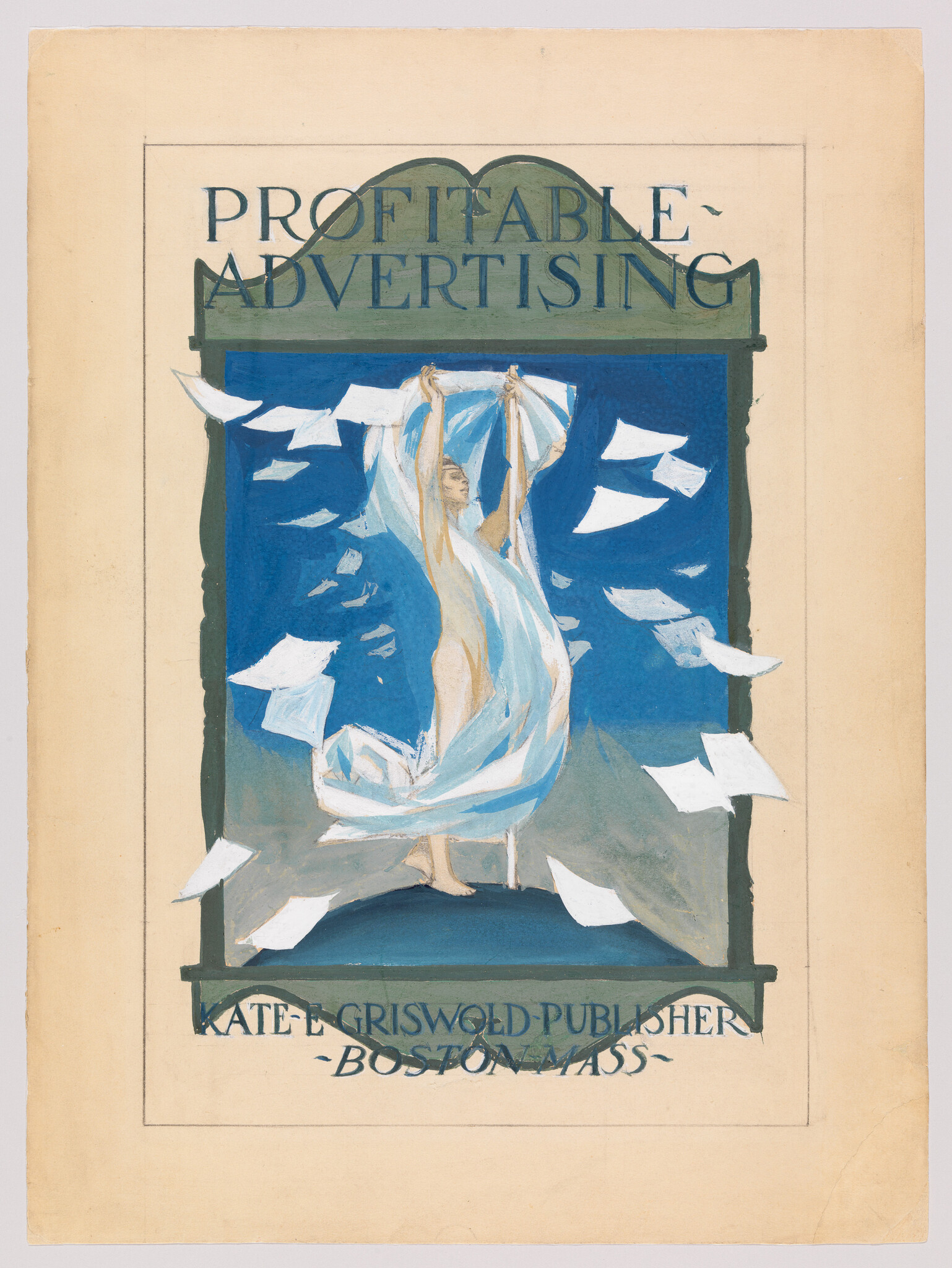 A woman holding flowing fabric surrounded by flying papers under the words "Profitable Advertising."