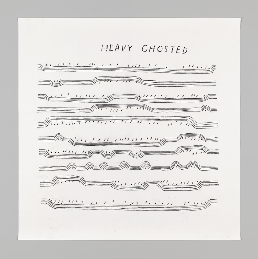 Hand-drawn sheet with wavy parallel lines and small marks titled "HEAVY GHOSTED."